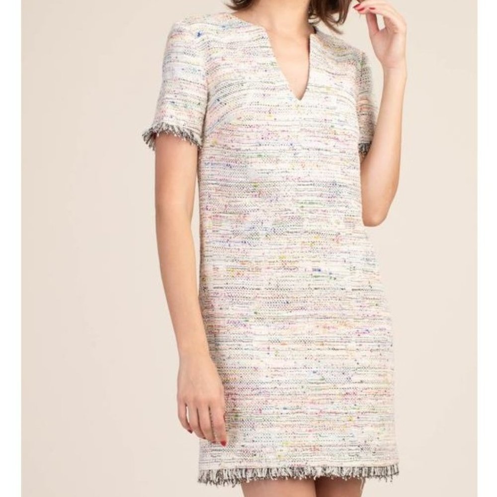 VGUC Trina Turk Frayed-Trim Tweed Sheath Dress Colorful Size Medium/Large